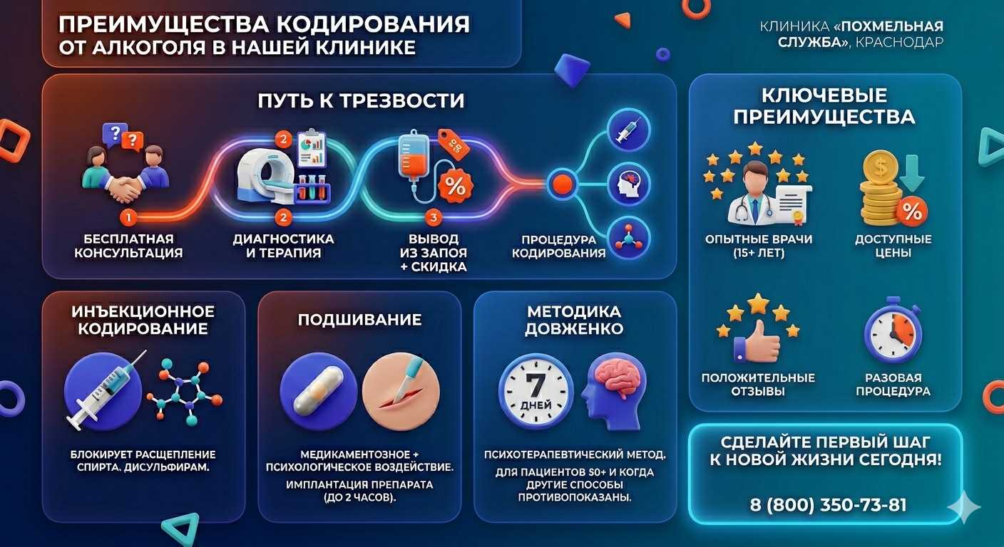 Инфографика о методах кодирования от алкоголя в Лобне: инъекции, подшивание, метод Довженко. Преимущества клиники и этапы лечения.